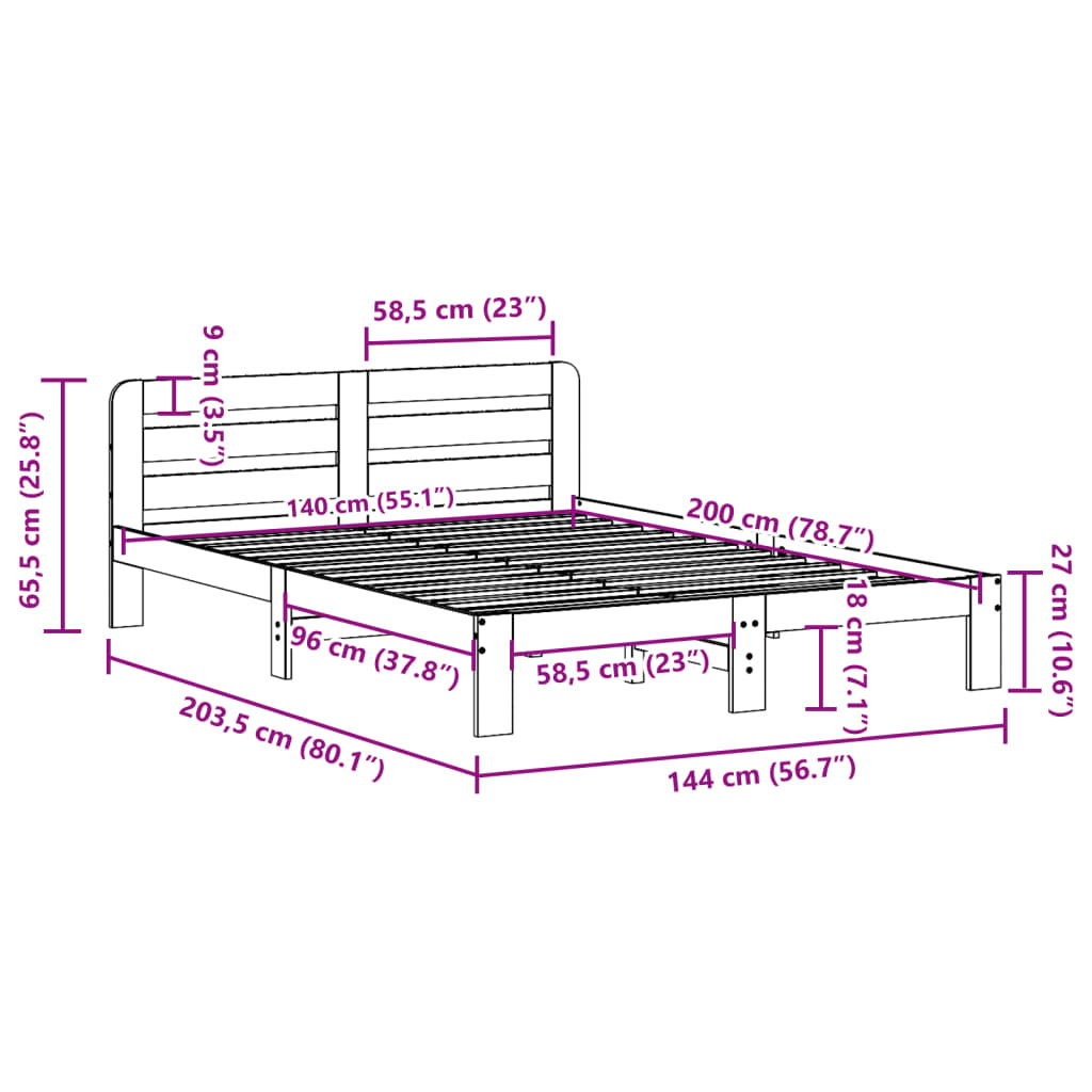 Sängram utan madrass vit 140x200 cm massiv furu