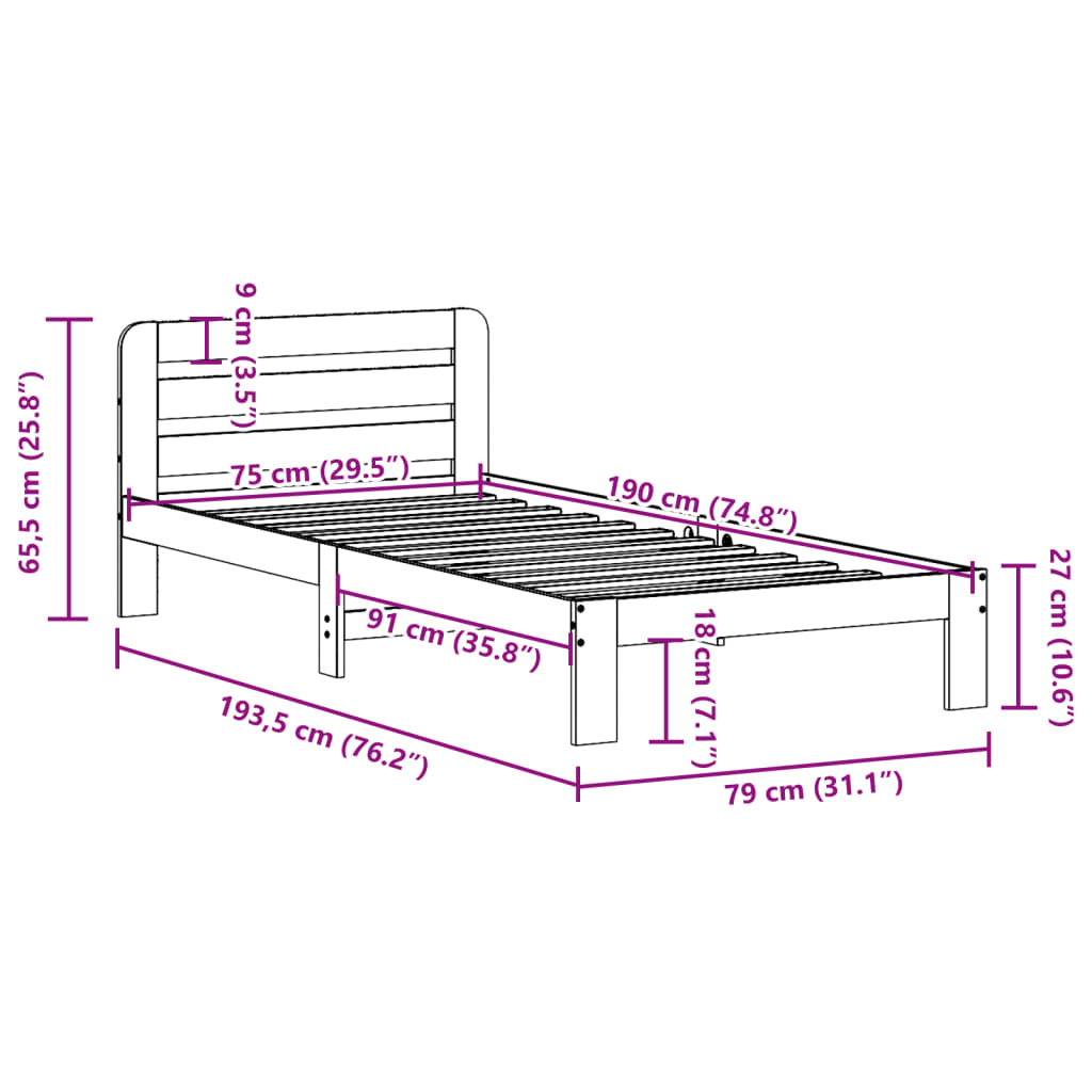 Sängram utan madrass vit 75x190 cm massiv furu