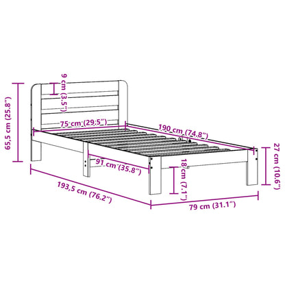 Sängram utan madrass vit 75x190 cm massiv furu