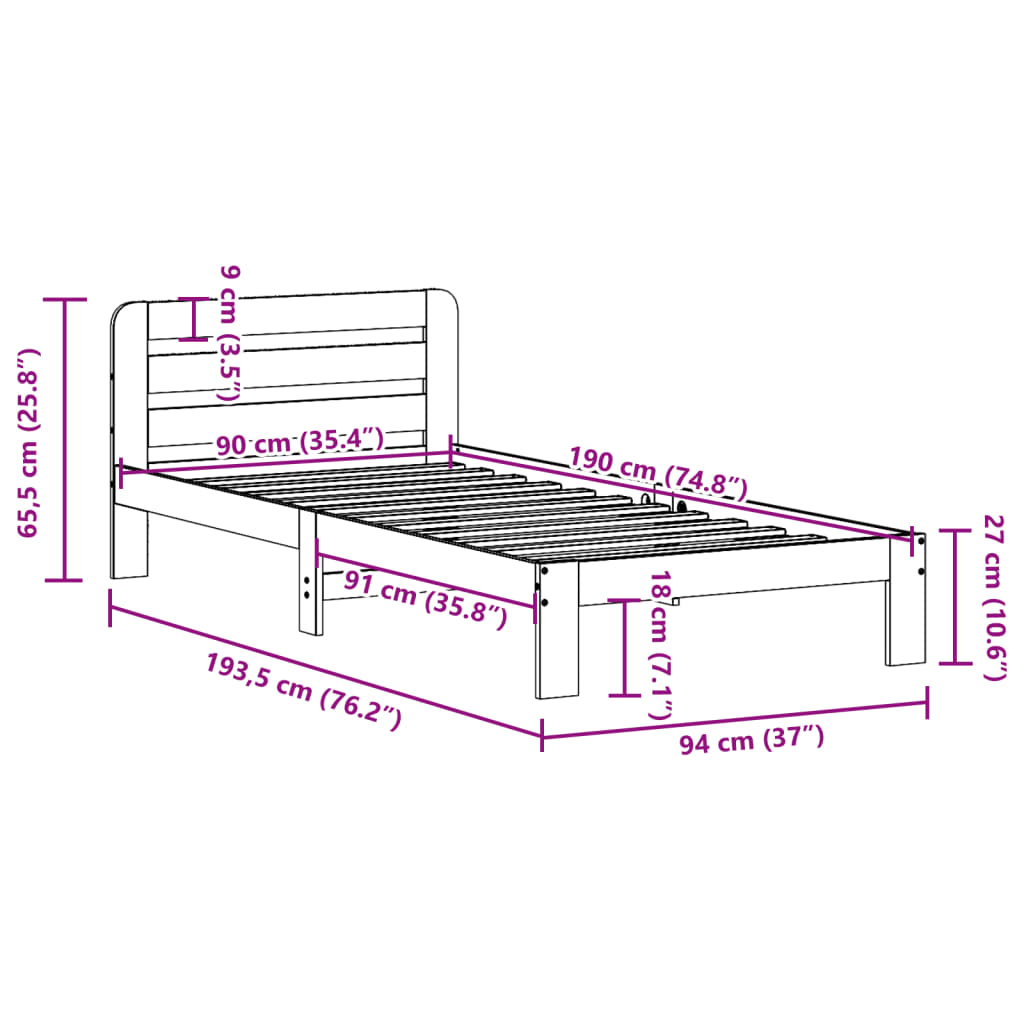 Sängram utan madrass vit 90x190 cm massiv furu