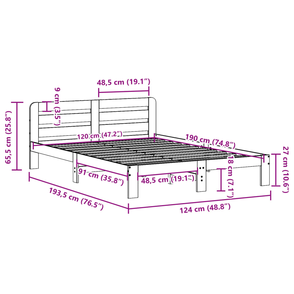 Sängram utan madrass vit 120x190 cm massiv furu