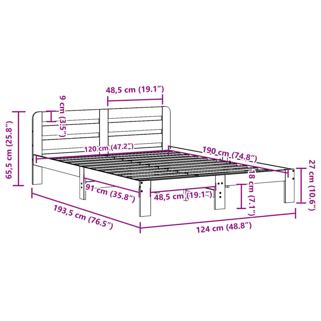 Sängram utan madrass vaxbrun 120x190 cm massiv furu