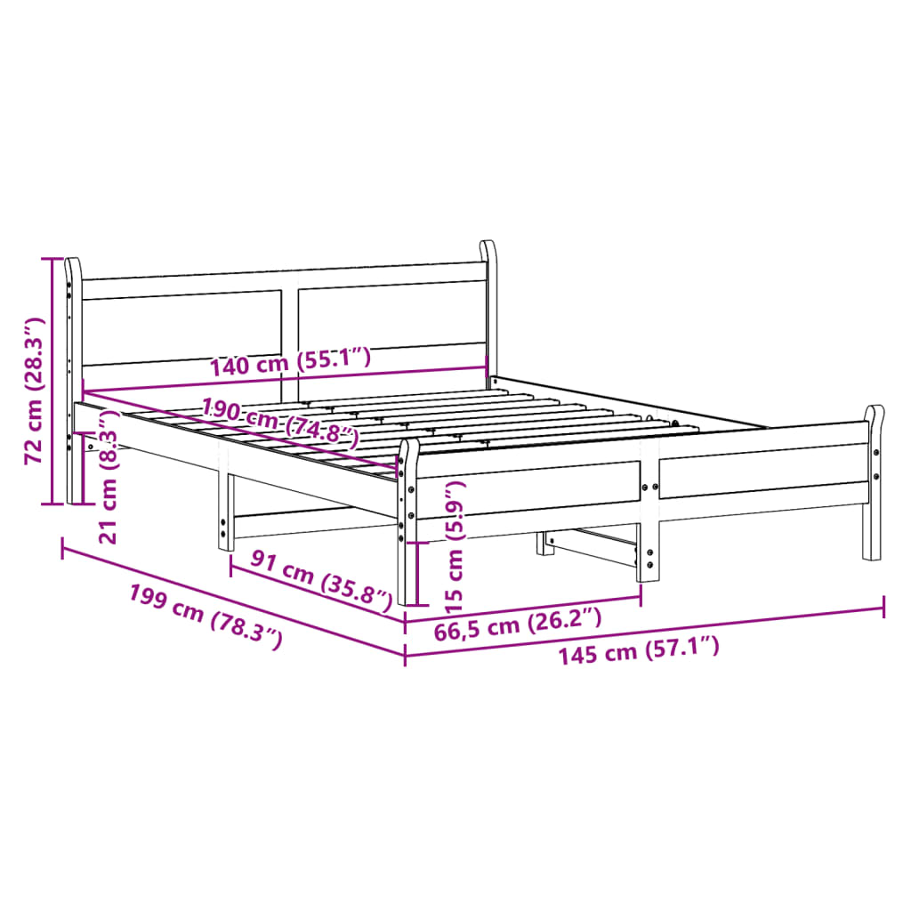 Sängram utan madrass vit 140x190 cm massiv furu