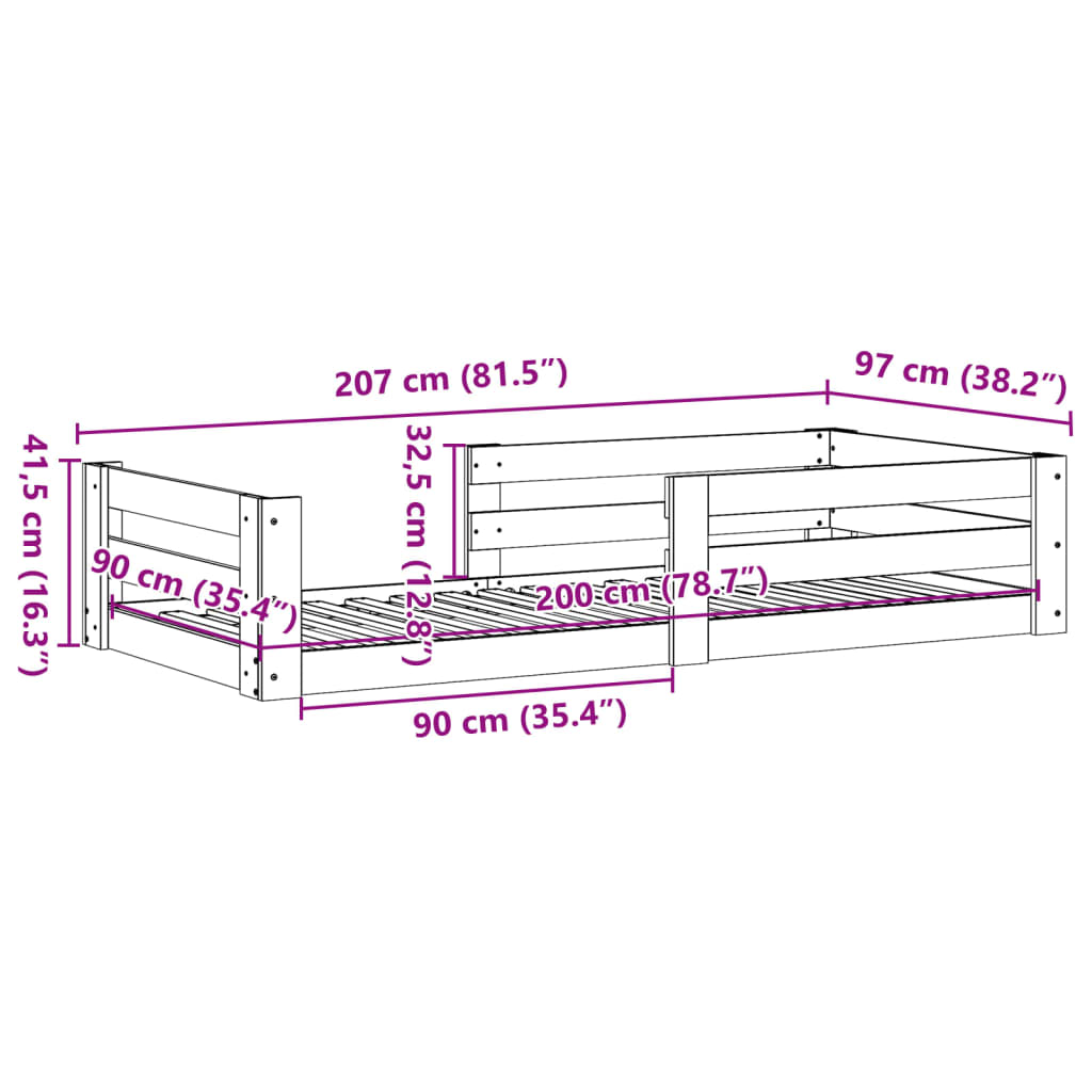 Sängram utan madrass 90x200 cm massiv furu