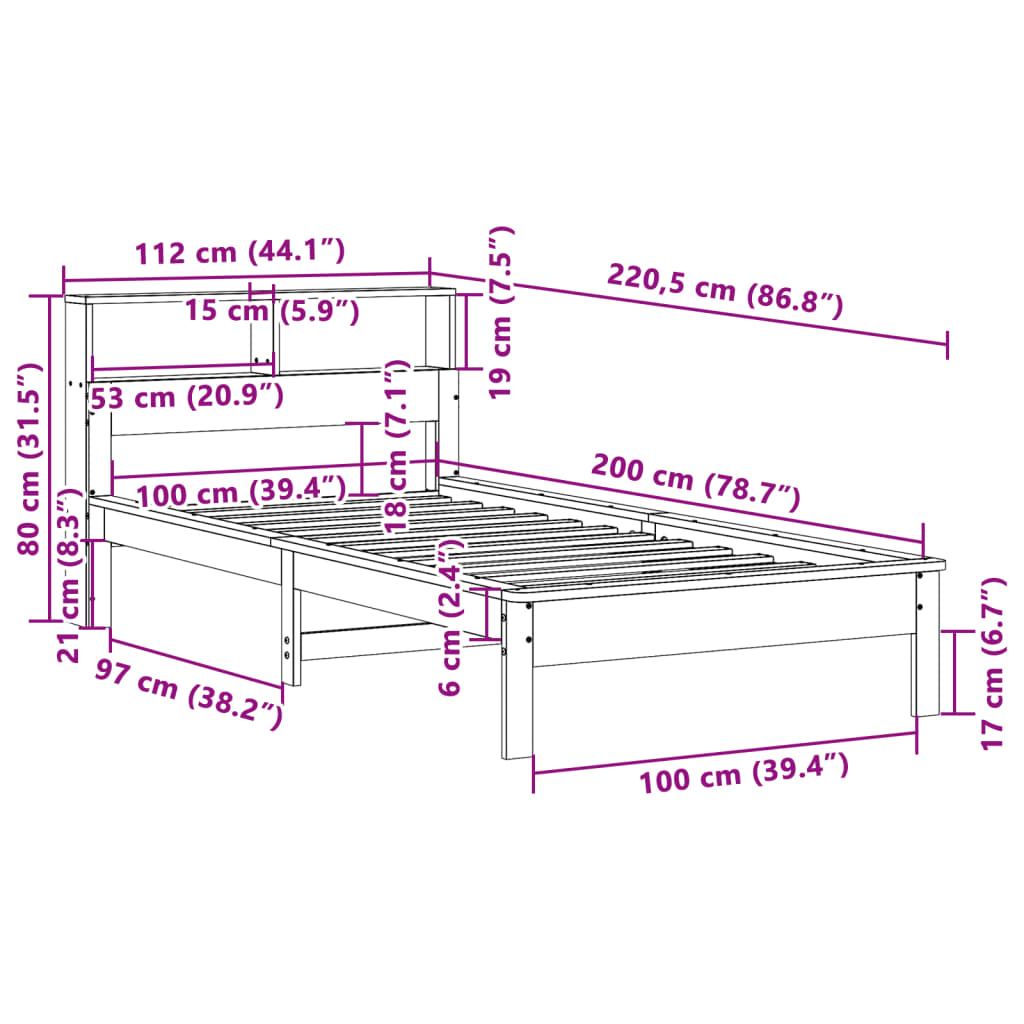 Säng med bokhylla utan madrass vit 100x200cm massiv furu