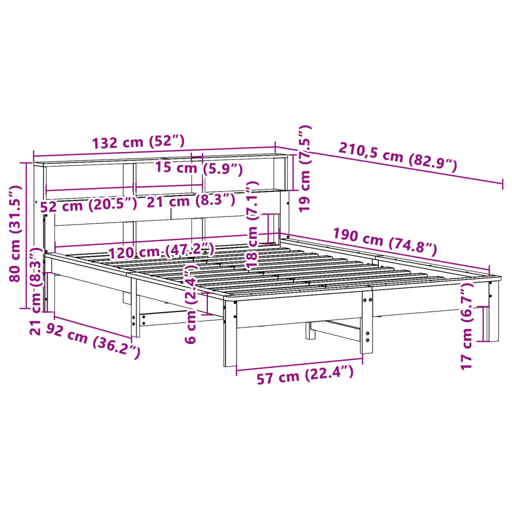 Säng med bokhylla utan madrass 120x190 cm massiv furu