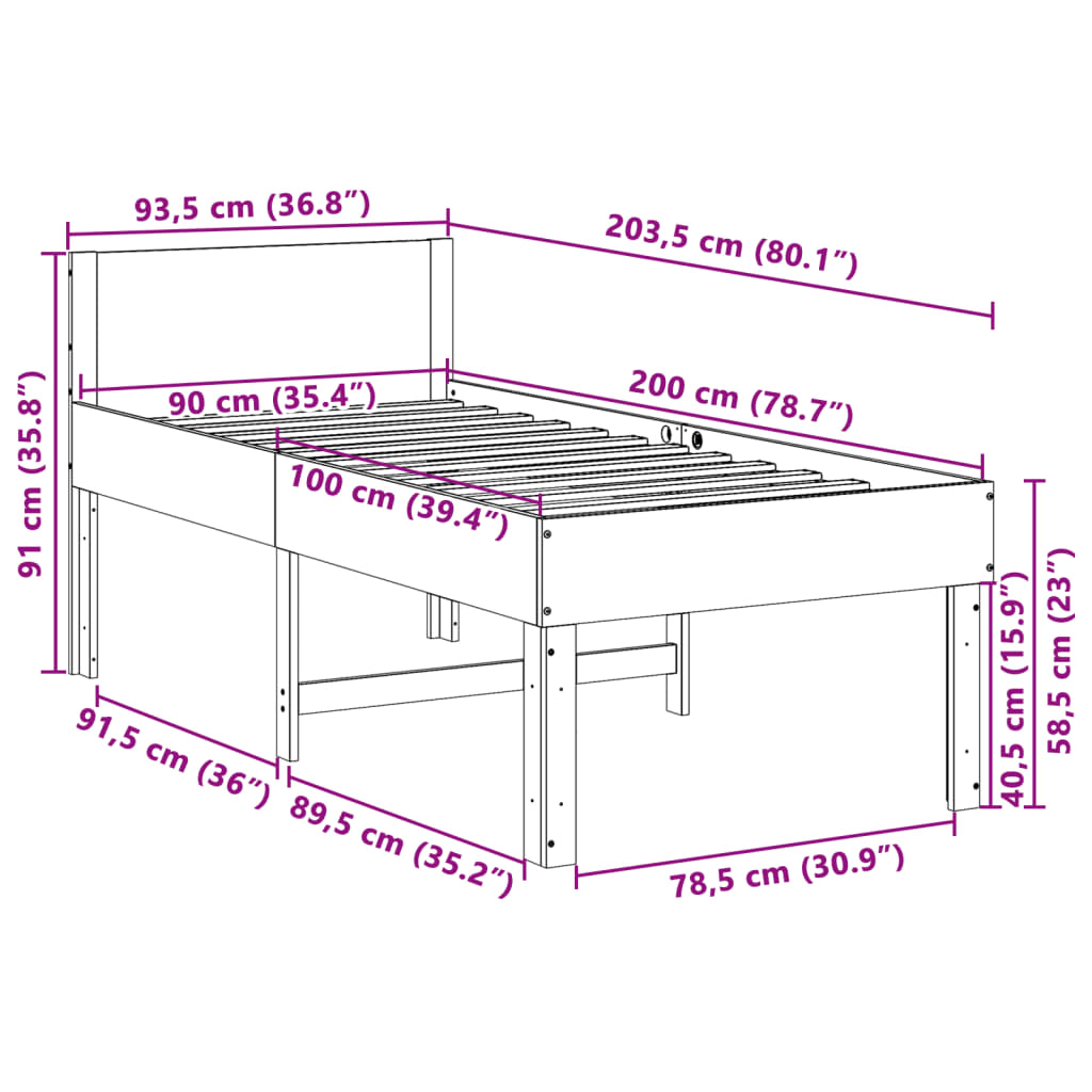 Sängram utan madrass 90x200 cm massiv furu