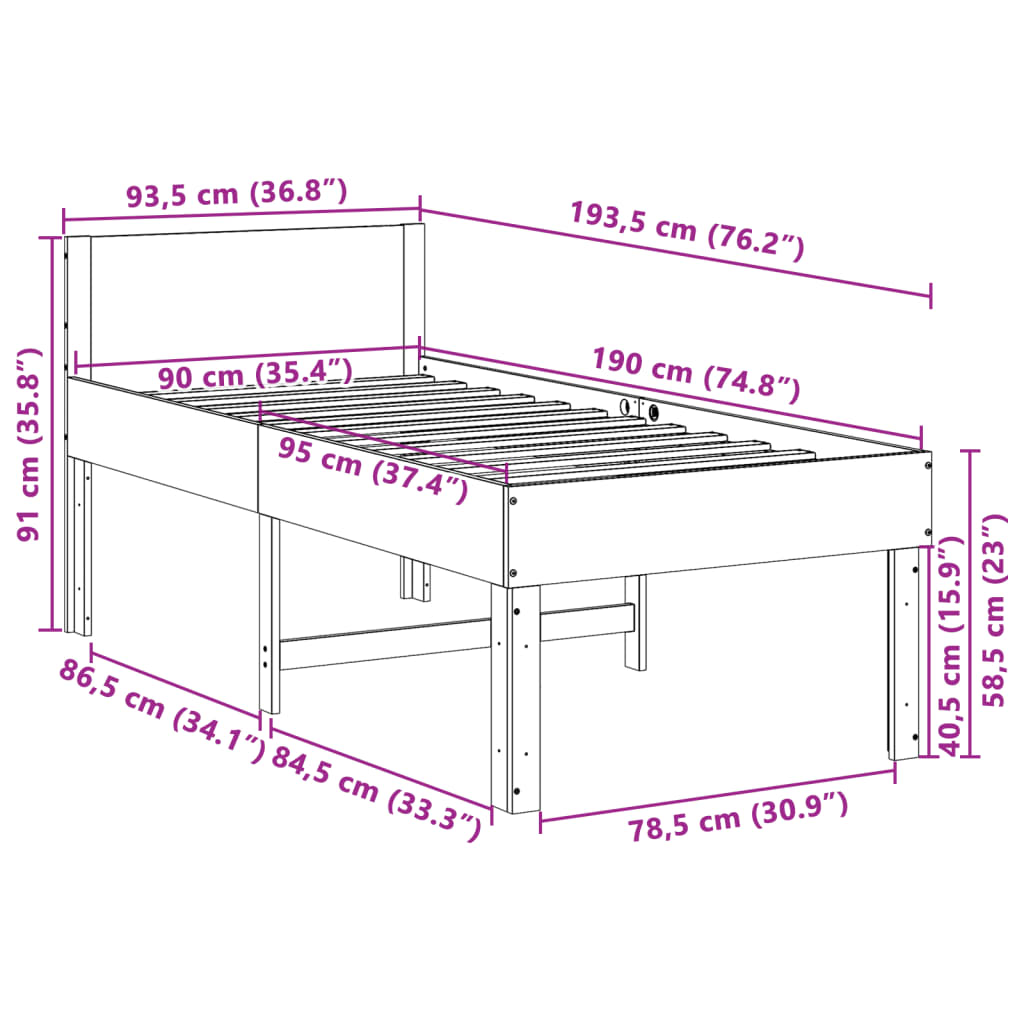 Sängram utan madrass 90x190 cm massiv furu