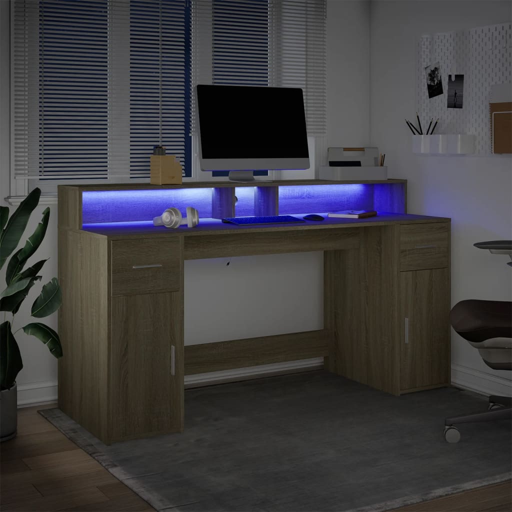 Skrivbord med LED sonoma-ek 160x55x91 cm konstruerat trä