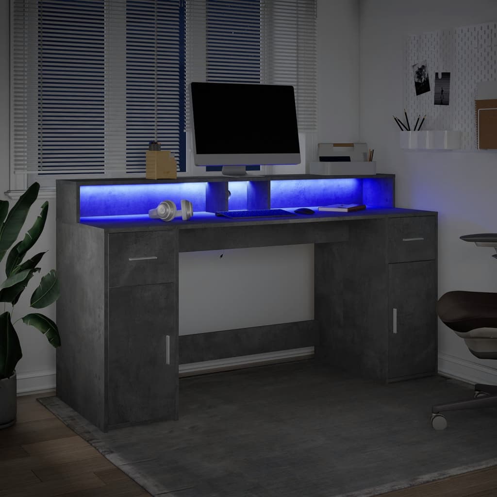 Skrivbord med LED betonggrå 160x55x91 cm konstruerat trä