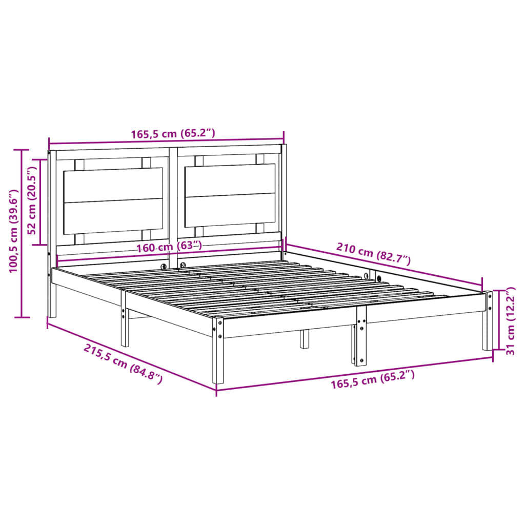 Sängram utan madrass extra lång vit 160x210 cm massivt trä