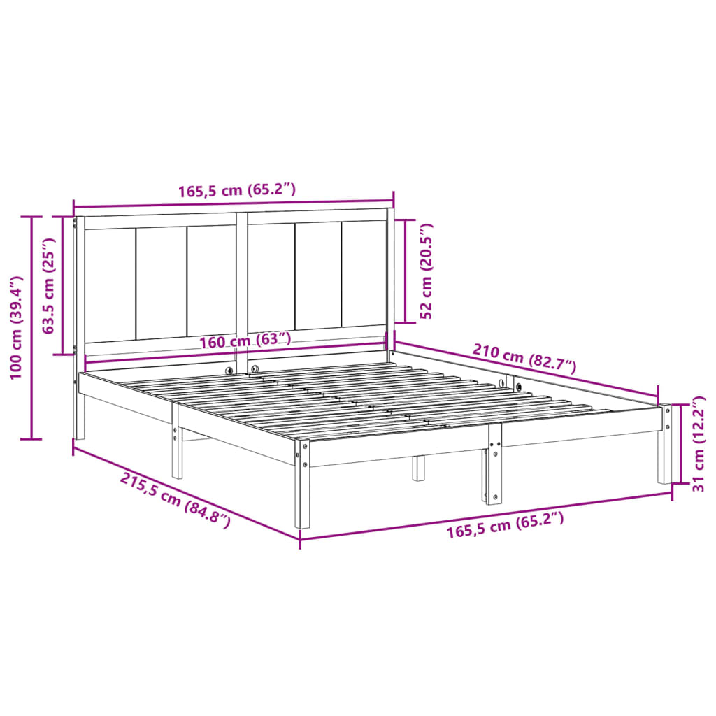 Sängram utan madrass extra lång 160x210 cm massivt trä