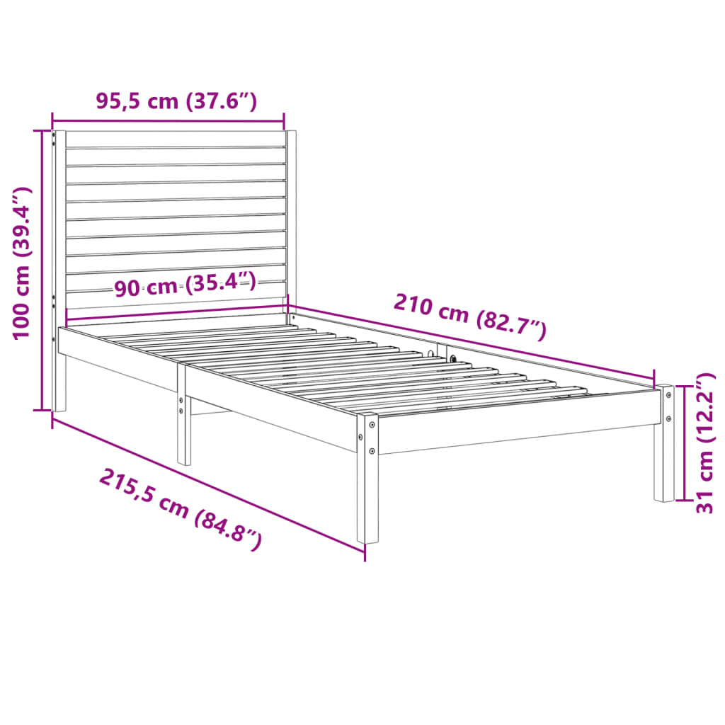 Sängram utan madrass extra lång 90x210 cm massivt trä