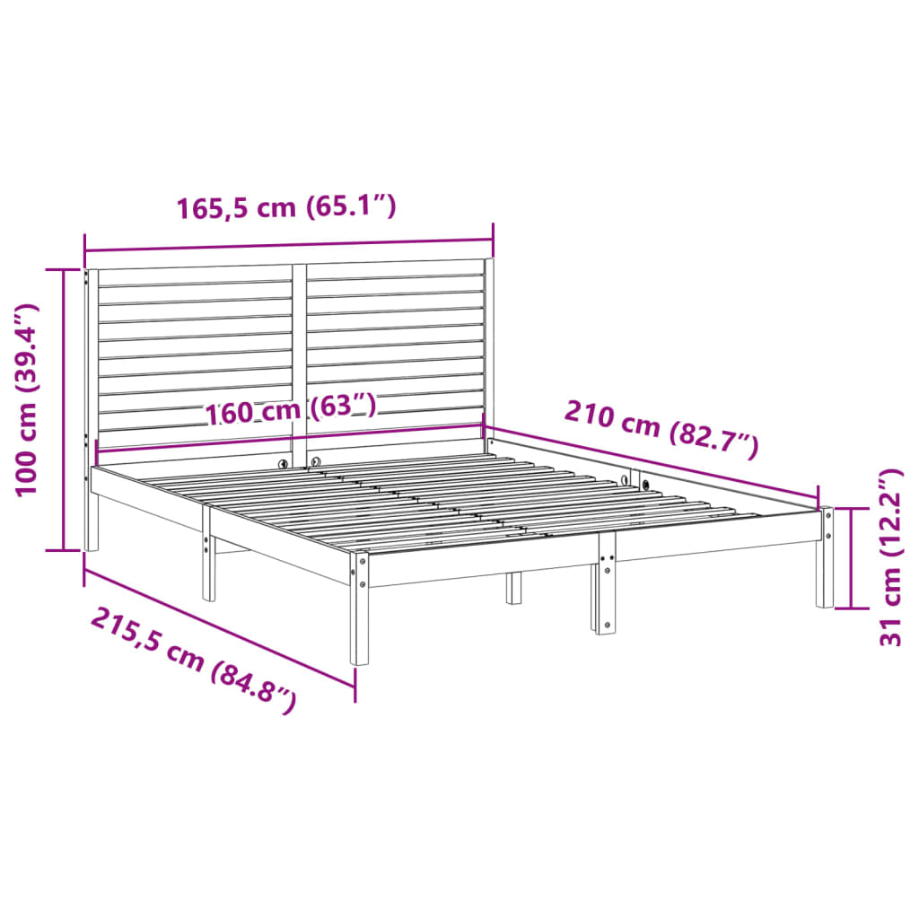 Sängram utan madrass extra lång 160x210 cm massivt trä