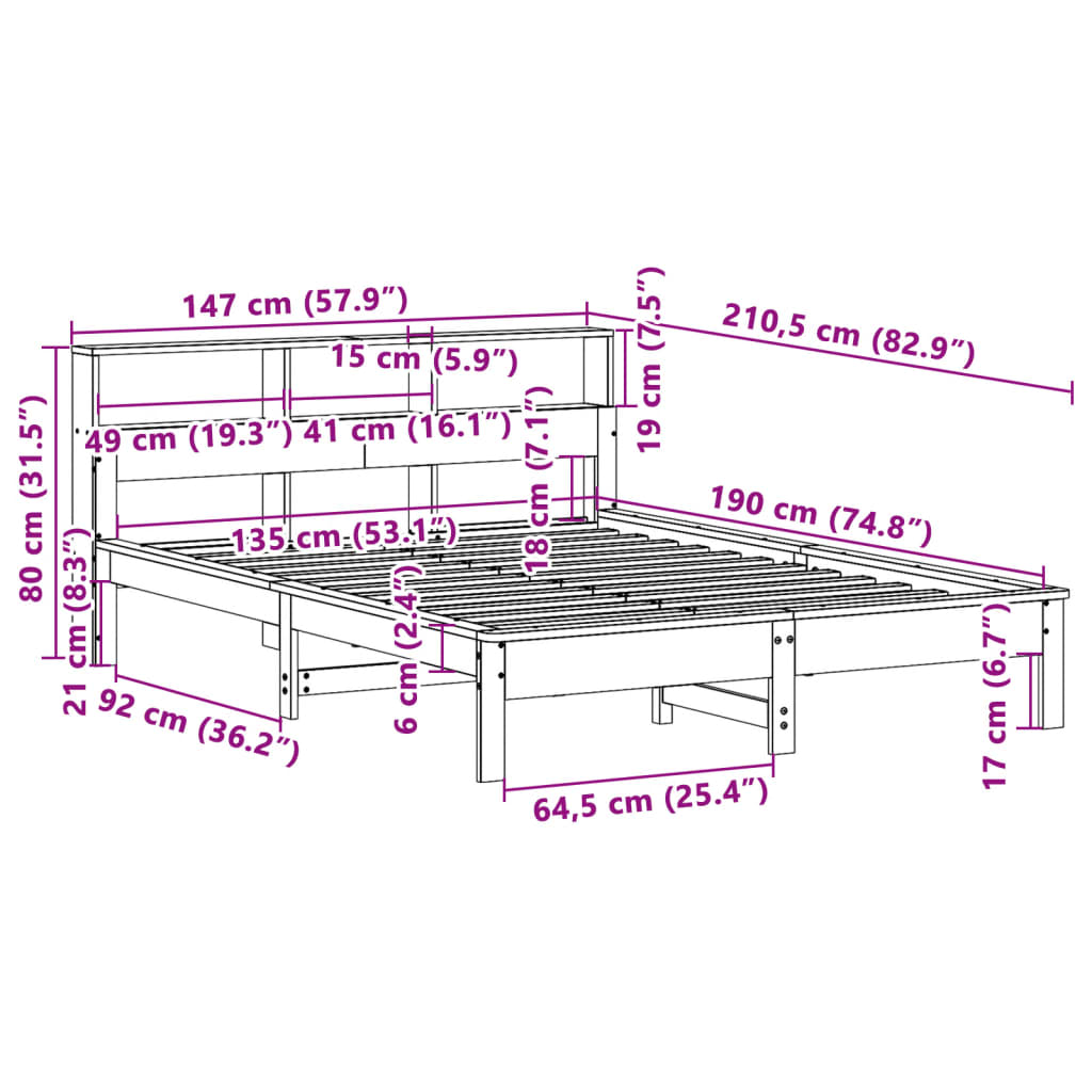 Sängram utan madrass vaxbrun 135x190 cm massiv furu