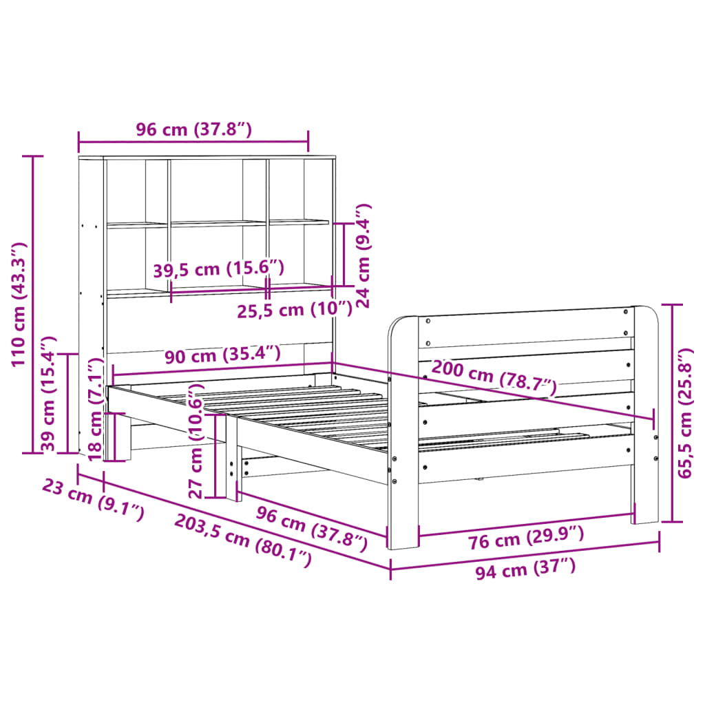 Sängram utan madrass vaxad brun 90x200 cm massiv furu