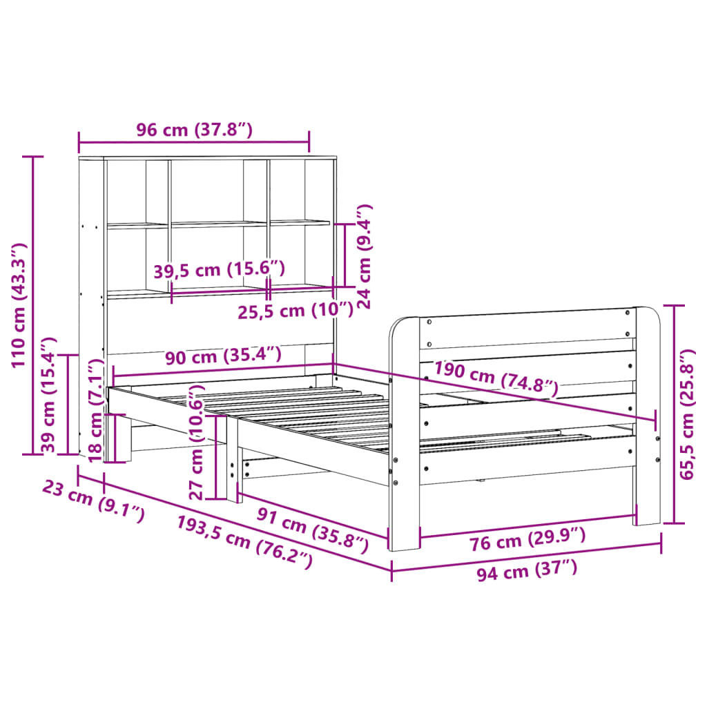 Sängram utan madrass vaxad brun 90x190 cm massiv furu