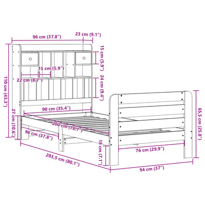 Säng med bokhylla utan madrass vaxad brun 90x200 cm massiv furu