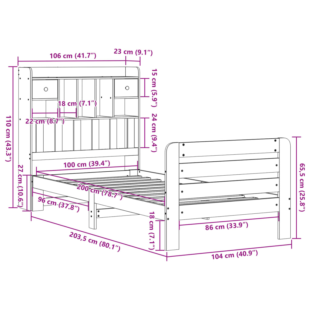 Säng med bokhylla utan madrass vaxbrun 100x200 cm massiv furu