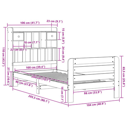 Säng med bokhylla utan madrass vaxbrun 100x200 cm massiv furu