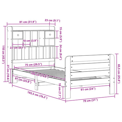 Säng med bokhylla utan madrass vit 75x190cm massiv furu