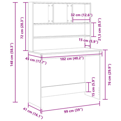 Skrivbord med hyllor åldrat trä 102x45x148 cm konstruerat trä