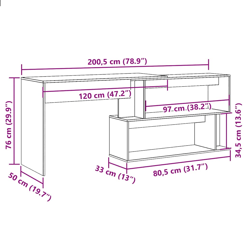 Hörnskrivbord gammalt trä 200,5x50x76 cm konstruerat trä