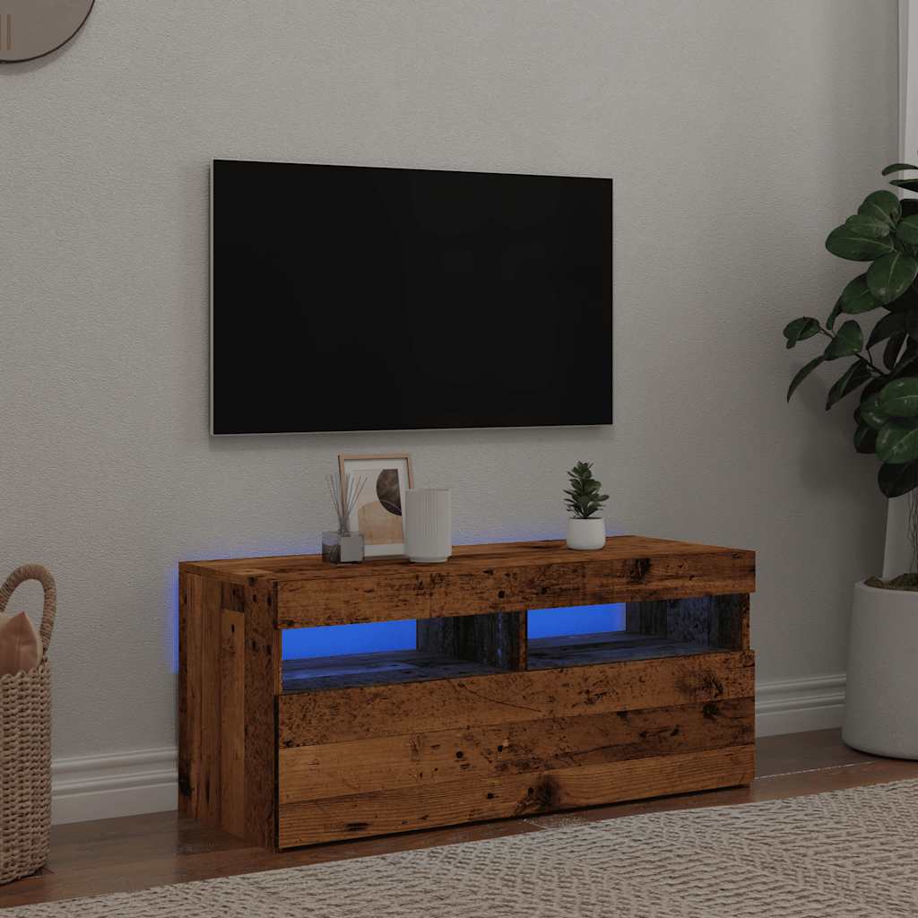 TV-bänk med LED-lampor åldrat trä 90x35x40 cm konstruerat trä