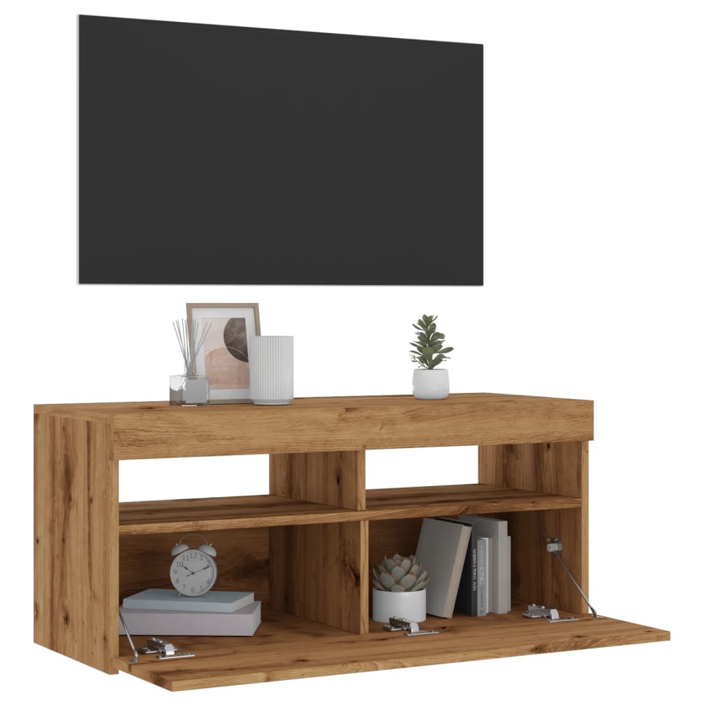 TV-bänk med LED-lampor artisan ek 90x35x40 cm konstruerat trä