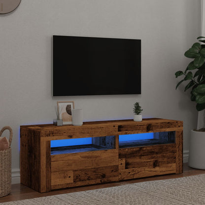 TV-bänk med LED-lampor åldrat trä 120x35x40 cm konstruerat trä