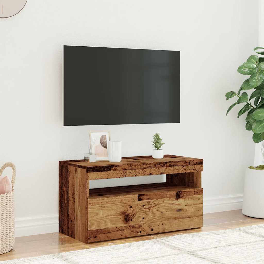 TV-bänk med LED-lampor åldrat trä 75x35x40 cm konstruerat trä