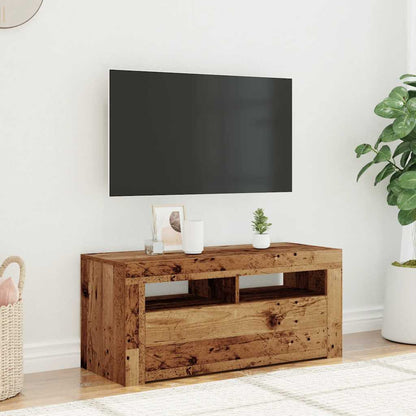 TV-bänk med LED-lampor åldrat trä 90x35x40 cm konstruerat trä