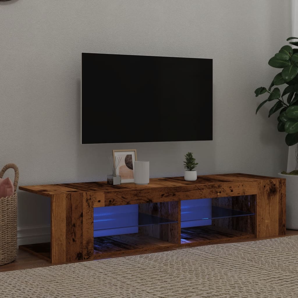 TV-bänk med LED-lampor åldrat trä 135x39x30 cm konstruerat trä