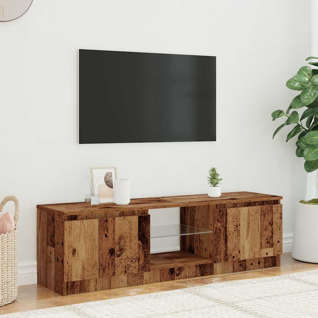 TV-bänk med LED-lampor åldrat trä 140x40x35,5cm konstruerat trä