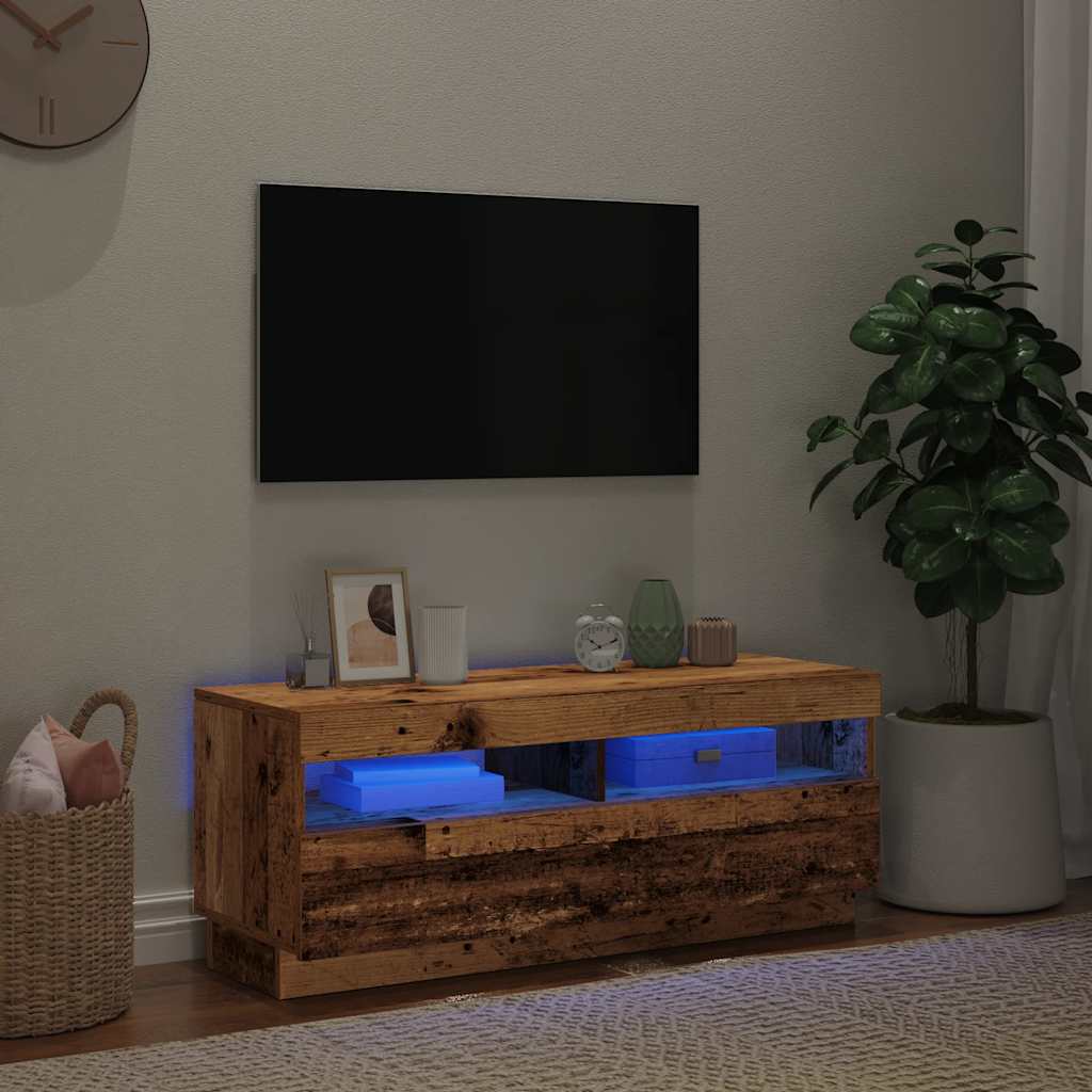 TV-bänk med LED-lampor åldrat trä 100x35x40 cm konstruerat trä