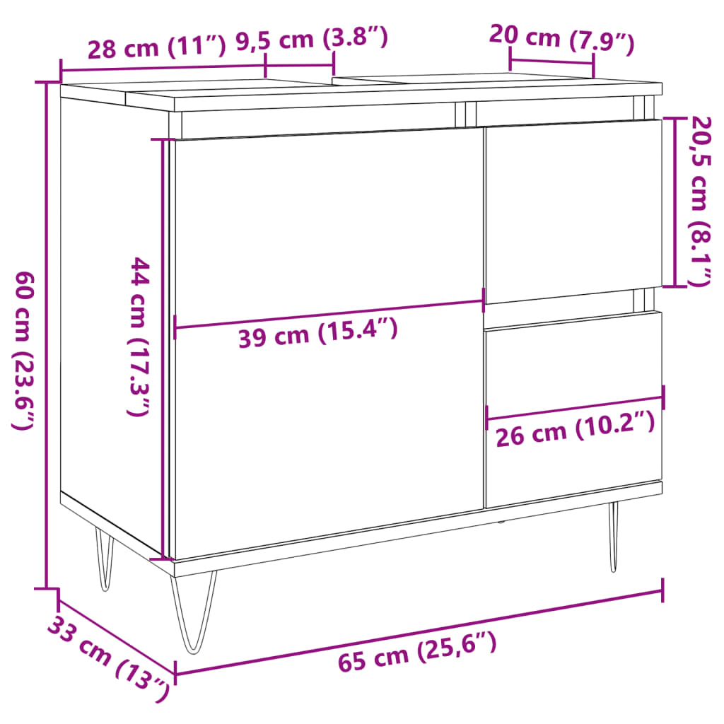 Tvättställsskåp åldrat trä 65x33x60 cm konstruerat trä