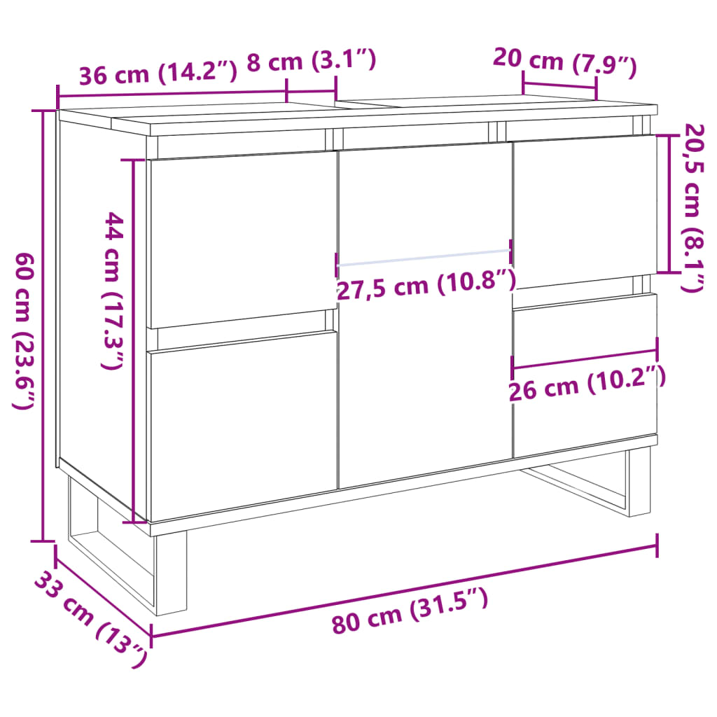 Tvättställsskåp betonggrå 80x33x60 cm konstruerat trä