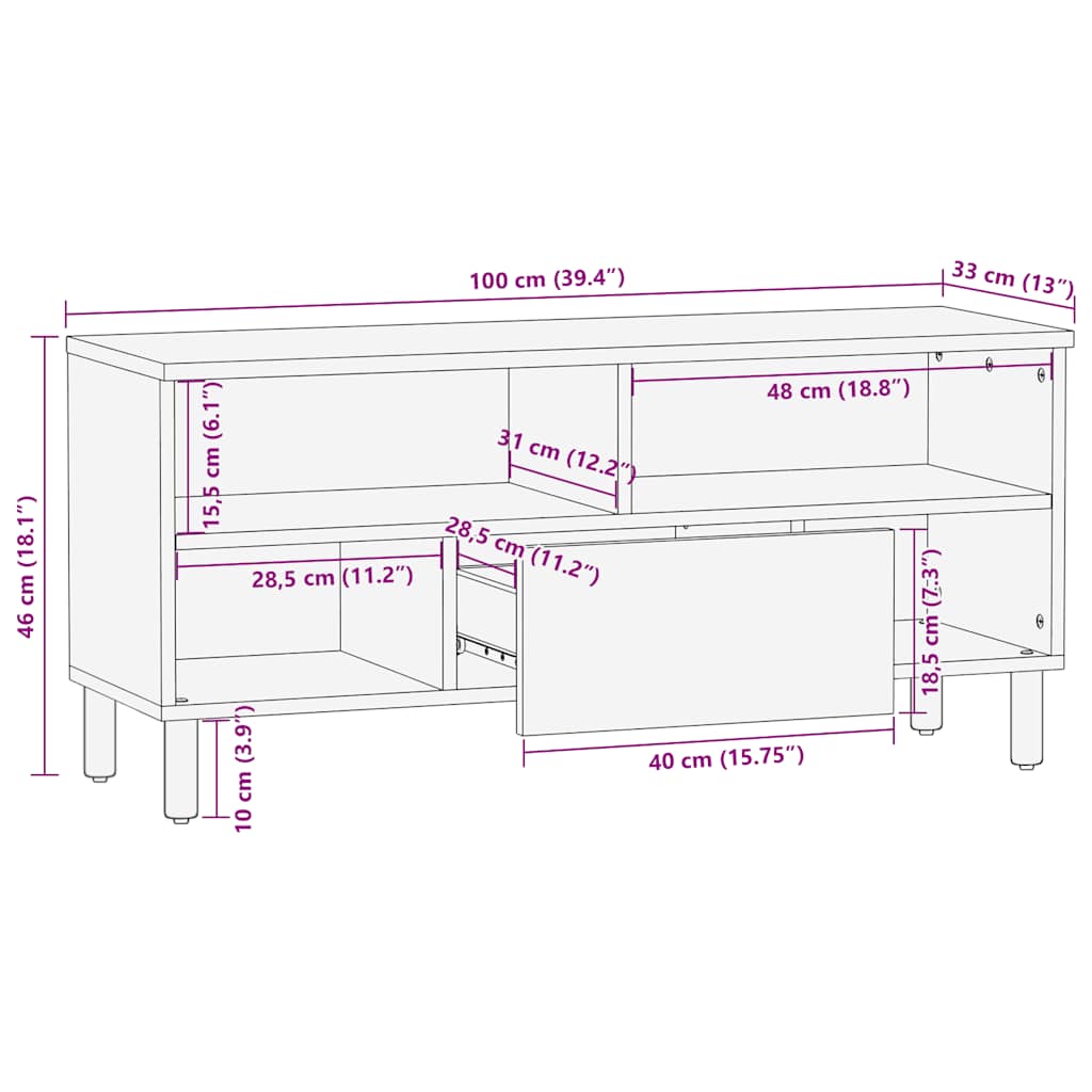 TV-bänk brun 100x33x46 cm massivt trä mango