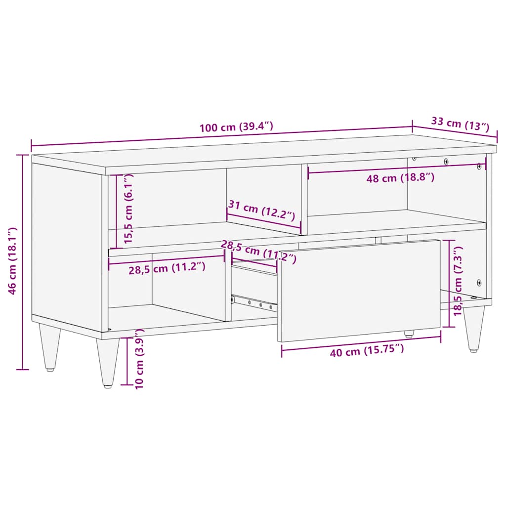 Tv-bänk svart 100x33x46 cm massivt mangoträ