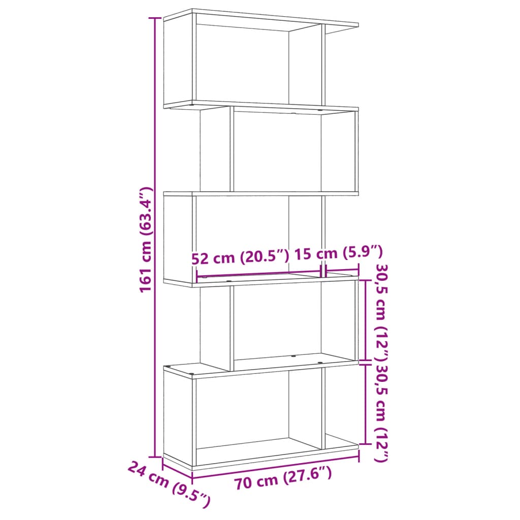 Bokhylla/Rumsavdelare 5 hyllor vit 70x24x161 cm konstruerat trä