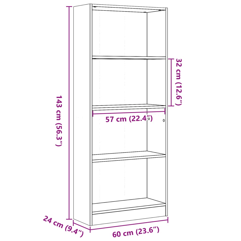 Bokhylla ek 60x24x143 cm konstruerat trä