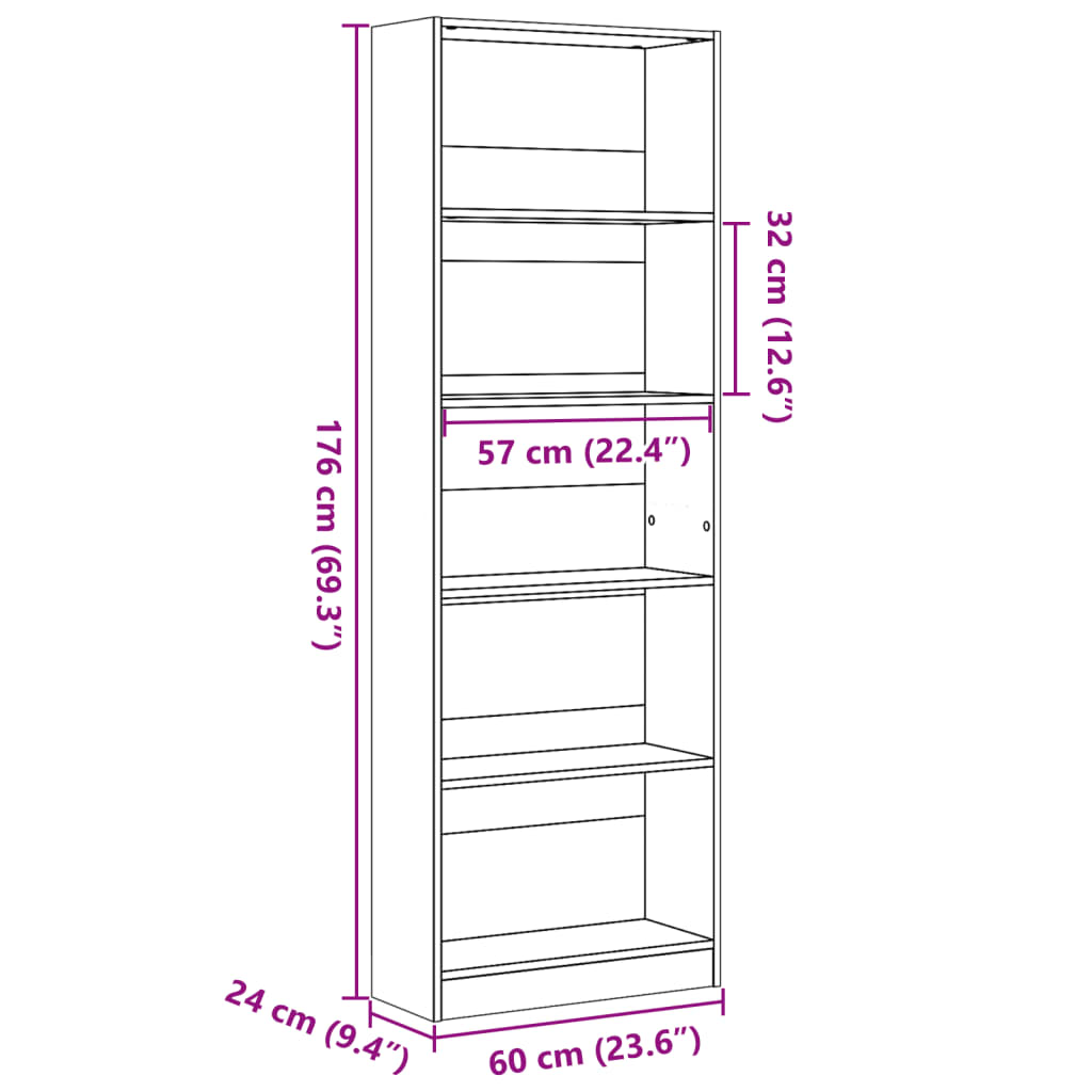 Bokhylla vit 60x24x176 cm konstruerat trä