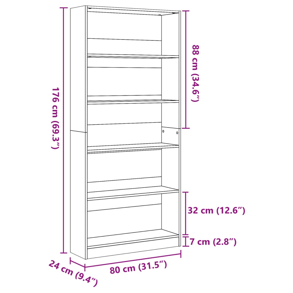 Bokhylla ek 80x24x176 cm konstruerat trä