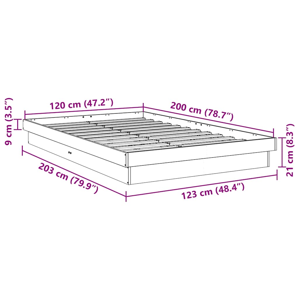 Sängram utan madrass 120x200 cm massiv trä ek