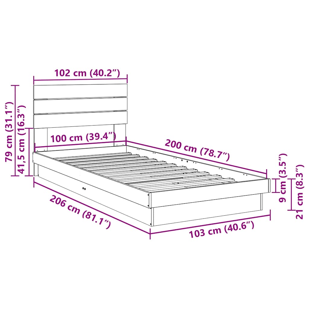 Sängram med huvudgavel utan madrass 100x200 cm massivt trä ek