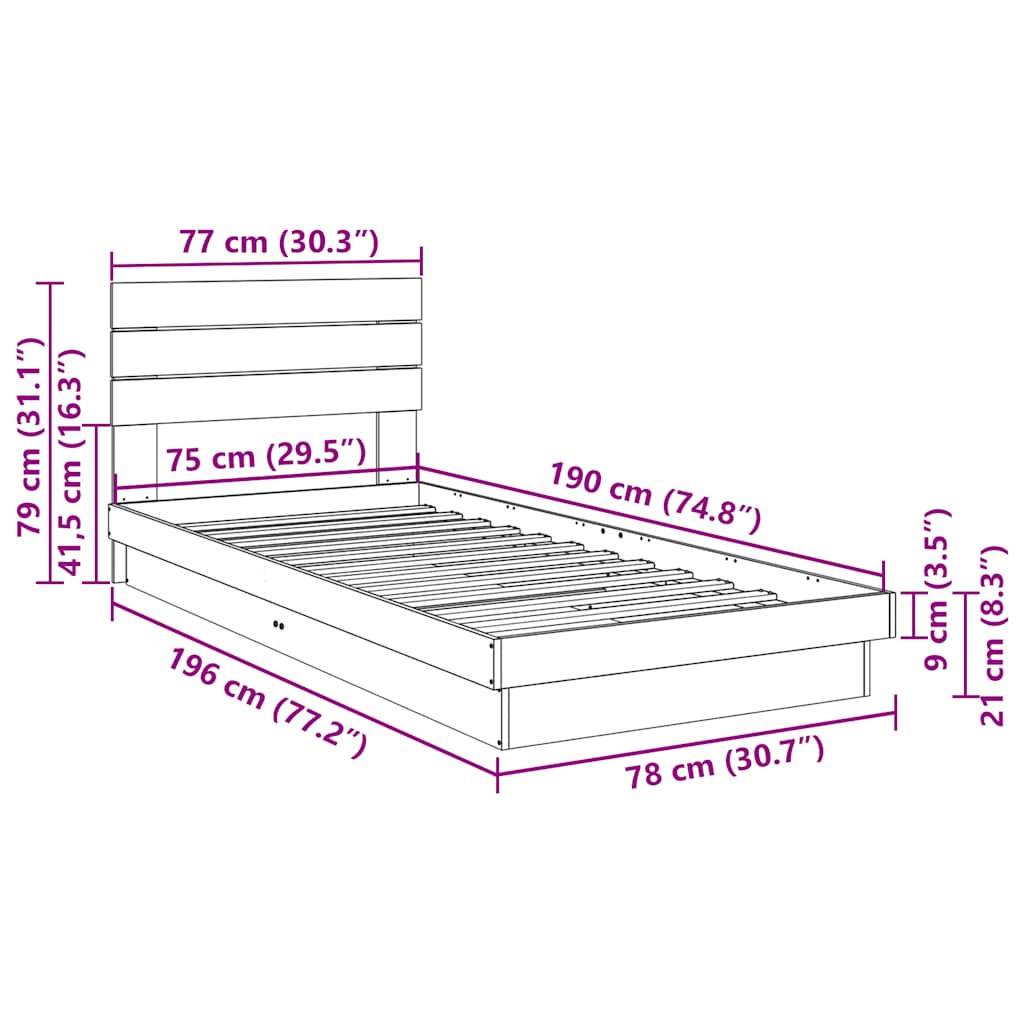 Sängram med huvudgavel utan madrass 75x190 cm massivt trä ek