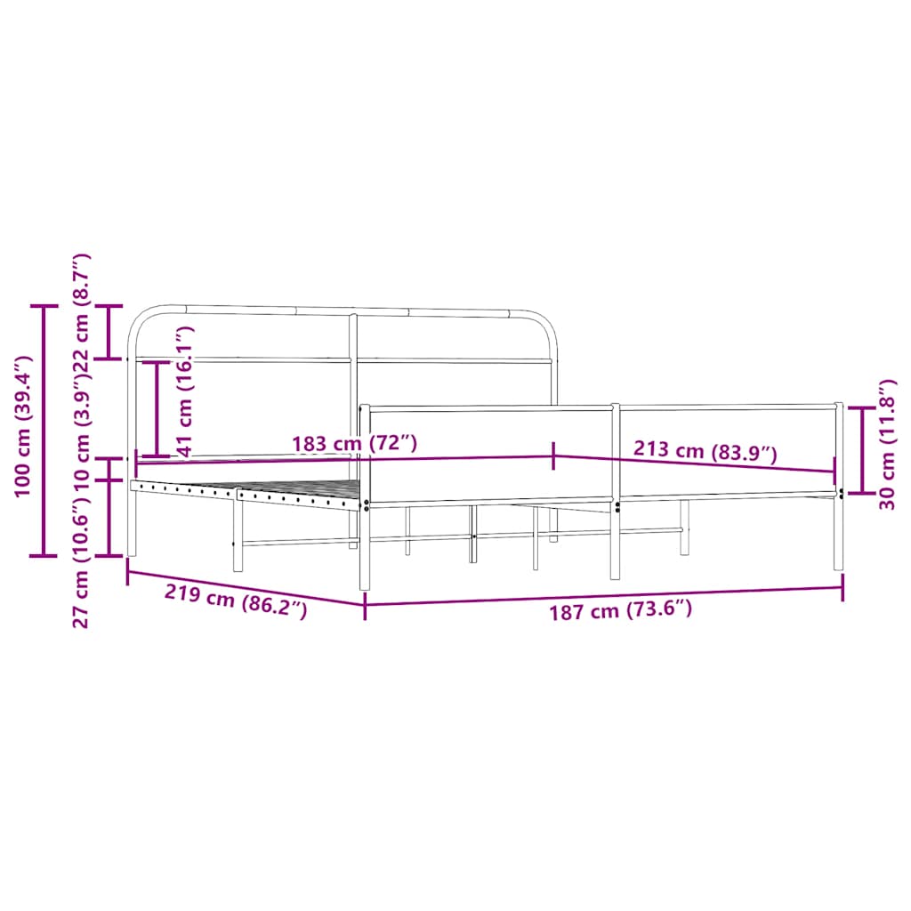 Sängram utan madrass metall rökfärgad ek 183x213 cm