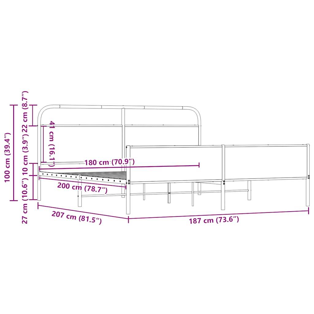 Sängram utan madrass metall sonoma-ek 180x200 cm