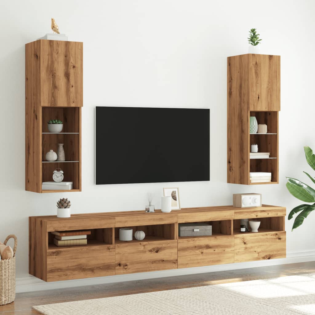 Tv-bänk med LED-belysning 2 st artisian ek 30,5x30x102 cm