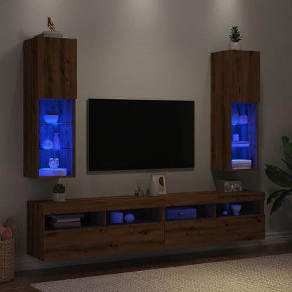 Tv-bänk med LED-belysning 2 st artisian ek 30,5x30x102 cm